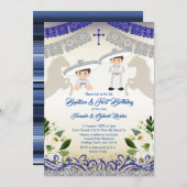 シルバーアンドネイビーブルーボーイバプテスマと誕生日 招待状 (正面/裏面)