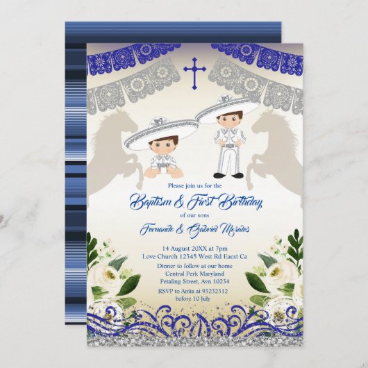 シルバーアンドネイビーブルーボーイバプテスマと誕生日 招待状 (正面/裏面)