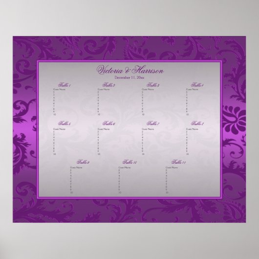 シルバーアンドパープルダマスクIIテーブル席ポスター ポスター (正面)