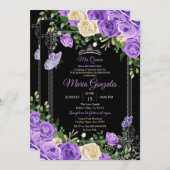 シルバーアンドパープルミスカンス誕生日蝶 招待状 (正面/裏面)