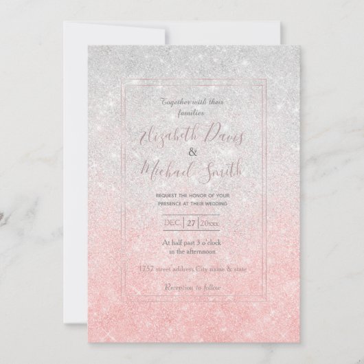 シルバーアンドピンクグリッターグラデーションラグジュアリーデザイン 招待状 (正面)