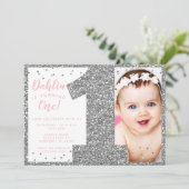 シルバーアンドピンクフェイクグリッターファースト誕生日 招待状 (スタンド正面)