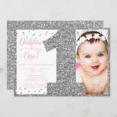 シルバーアンドピンクフェイクグリッターファースト誕生日 招待状 (正面/裏面)