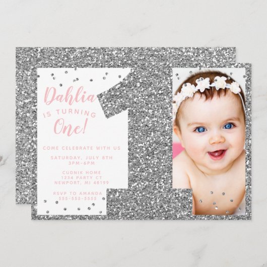 シルバーアンドピンクフェイクグリッターファースト誕生日 招待状 (正面/裏面)