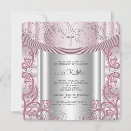シルバーアンドピンクベビーガール《キリスト教》洗礼式や命名式 招待状 (正面)