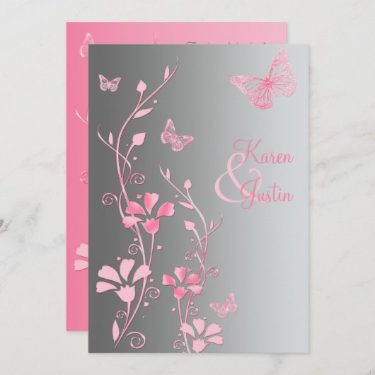 シルバーアンドピンク蝶結婚式招待状 招待状 (正面/裏面)