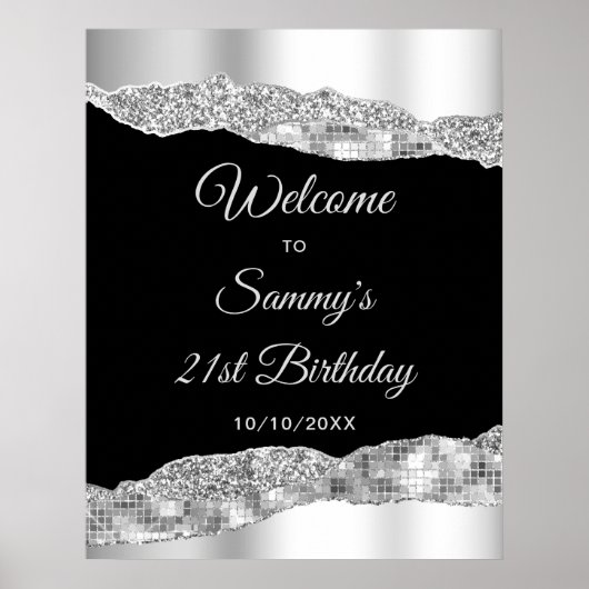 シルバーアンドブラックグラムティアーズ誕生日ウェルカム ポスター (正面)