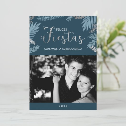 シルバーアンドブルーフェリスフィエスタスフォトホリデーカード (スタンド正面)