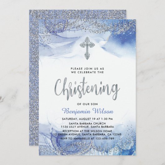 シルバーアンドブルーボーイ《キリスト教》洗礼式や命名式 招待状 (正面/裏面)