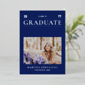 シルバーアンドブルーモダンフォト卒業発表 箔招待状 (立ち正面)