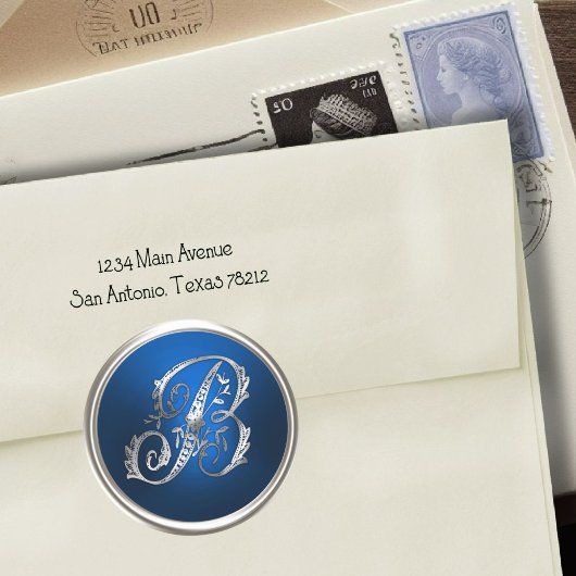 シルバーアンドブルーモノグラムB封筒用シール ラウンドシール