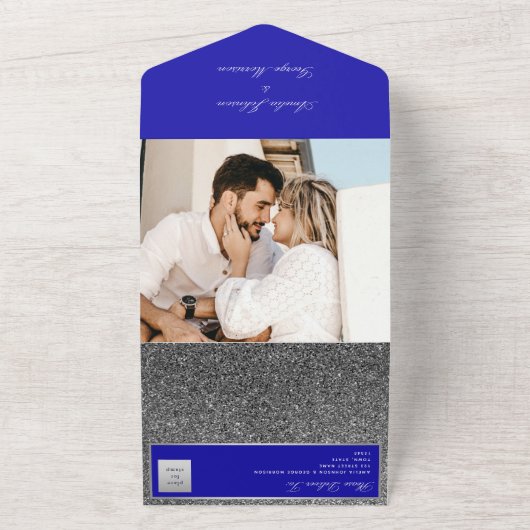 シルバーアンドブルー王室のラグジュアリー結婚ズ オールインワン招待状 (外側)