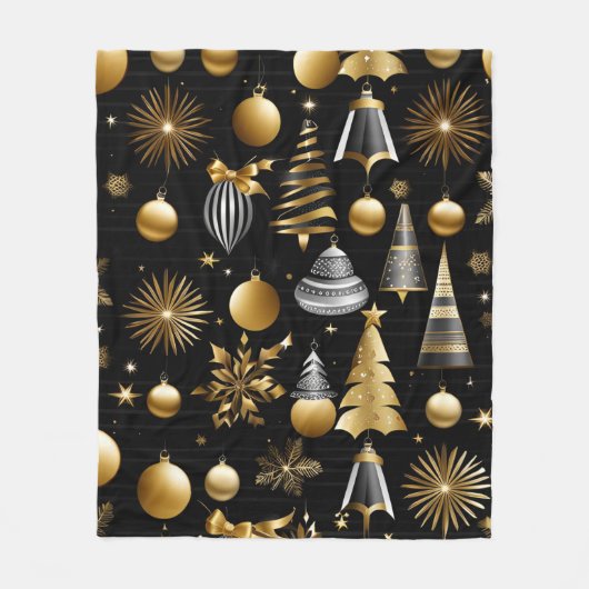 シルバーアンド金ゴールドホリデーオーナメントパターン フリースブランケット (正面)