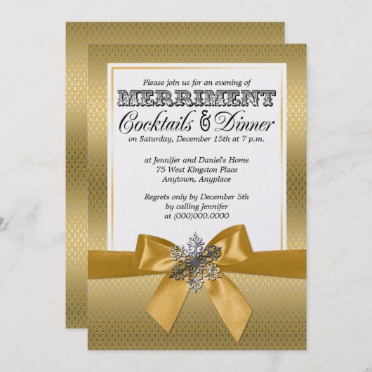 シルバーアンド金ゴールドホリデーディナーパーティの招待状 招待状 (正面/裏面)
