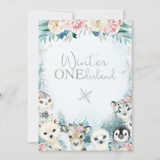 シルバーアークティックアニマルウィンターオネダーランド誕生日 招待状 (裏面)