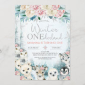 シルバーアークティックアニマルウィンターオネダーランド誕生日 招待状 (正面/裏面)