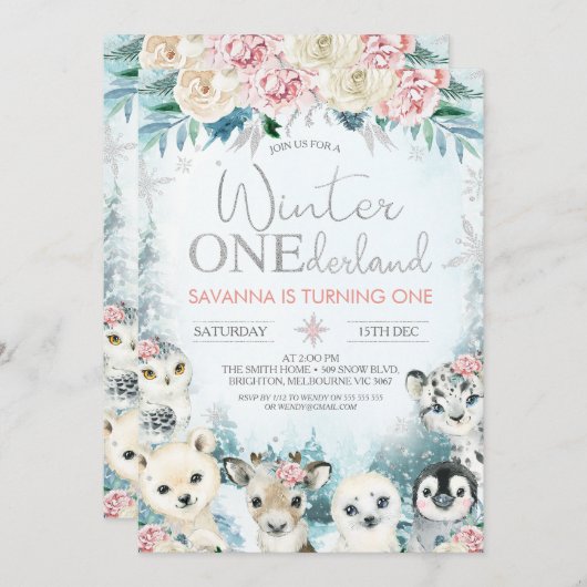 シルバーアークティックアニマルウィンターオネダーランド誕生日 招待状 (正面/裏面)