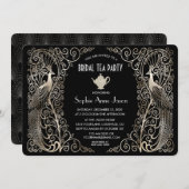 シルバーアールデコピーコックブライダルシャワーティーパーティー 招待状 (正面/裏面)