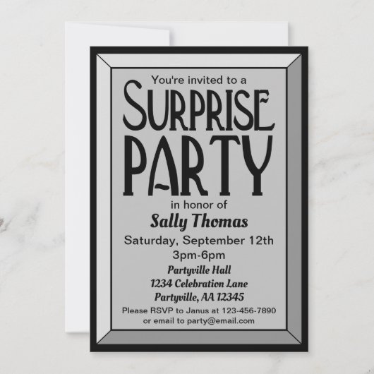 シルバーアールデコフォト誕生日サプライズパーティー 招待状 (正面)