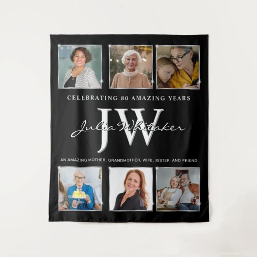 シルバーイニシャルカスタム誕生日の背景と写真 タペストリー (正面)