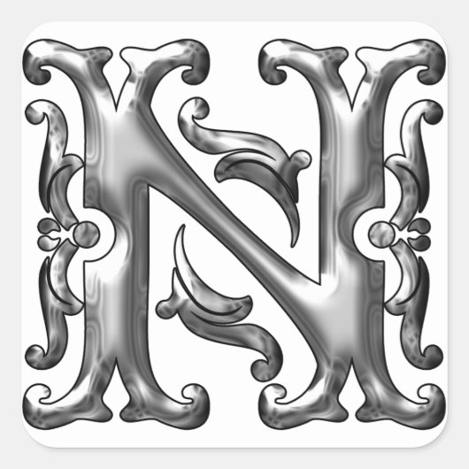 シルバーイニシャルN大文字モノグラムステッカー スクエアシール (正面)