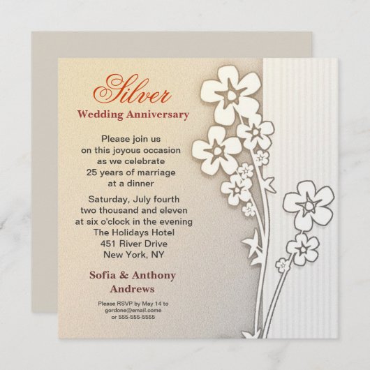 シルバーウィディング・アニバーサリーのデザインハガキ（または招待状） 招待状 (正面/裏面)