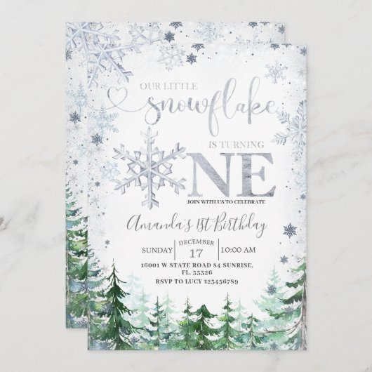 シルバーウィル小さなスノーフレーク冬の森誕生日 招待状 (正面/裏面)