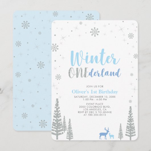 シルバーウィンターのワンダーランド男子１歳の誕生日パーティー 招待状 (正面/裏面)