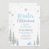 シルバーウィンターのワンダーランド　１歳の男の子の誕生日パーティー 招待状 (正面/裏面)