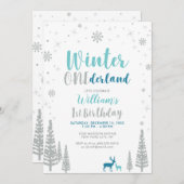 シルバーウィンターオネダーランド1st男の子の誕生日パーティー 招待状 (正面/裏面)