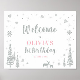 シルバーウィンターガール1st誕生日パーティーウェルカムサイン ポスター