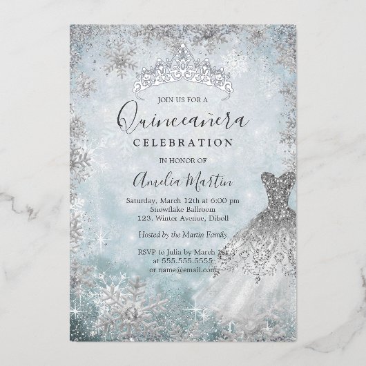 シルバーウィンタースノーフレークブルーキンセアニェラフォイル 箔招待状 (正面)