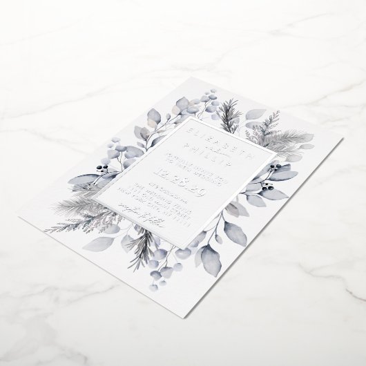 シルバーウィンターフローラボタニカルホリデ結婚ーズ 箔招待状 (回転した状態)
