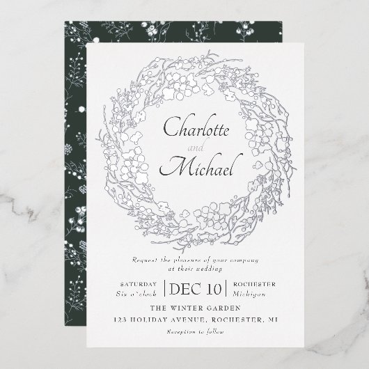 シルバーウィンターベリー結婚リース 箔招待状 (正面/裏面)