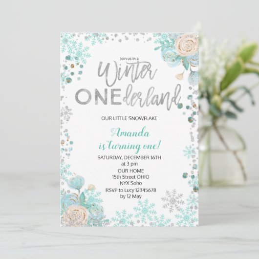 シルバーウィンターワンダーランドスノー誕生日招待状ガール 招待状 (スタンド正面)