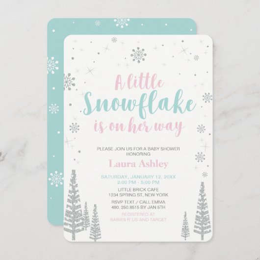 シルバーウィンターワンダーランド、女の子ベビーシャワー 招待状 (正面/裏面)