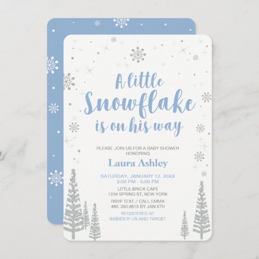 シルバーウィンターワンダーランド、男の子の赤ちゃんシャワー 招待状 (正面/裏面)