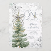 シルバーウィンター ワンダーランド クリスマスツリー 誕生日 招待状 (正面/裏面)