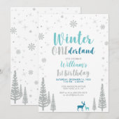 シルバーウィンター ワンダーランド 1歳の男の子の誕生日パーティー 招待状 (正面/裏面)