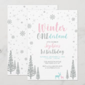 シルバーウィンター ワンダーランド 1歳女の子誕生日パーティー 招待状 (正面/裏面)