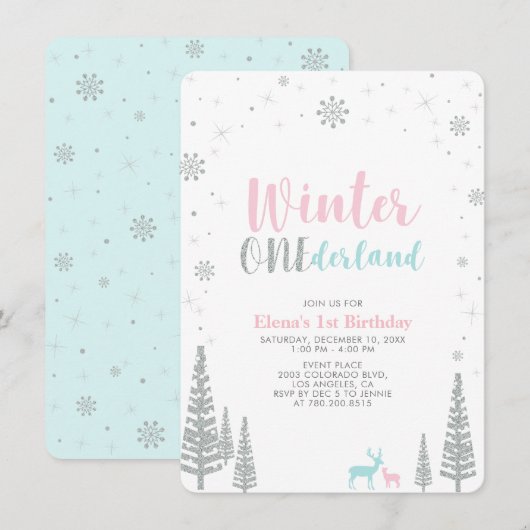 シルバーウィンター ワンダーランド 1st バースデーパーティー 招待状 (正面/裏面)