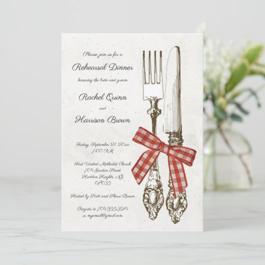 シルバーウェアとレッドリハ市松模様にーサルディナー 招待状 (スタンド正面)