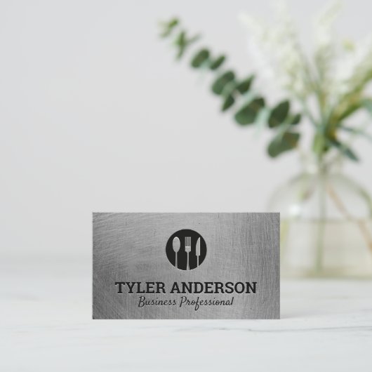 シルバーウェアロゴ |メタリックブラシ仕上げテクスチャ 名刺 (スタンド正面)