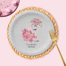 シルバーウォーターカラーバレリーナフラミンゴベビーシャワー ペーパープレート