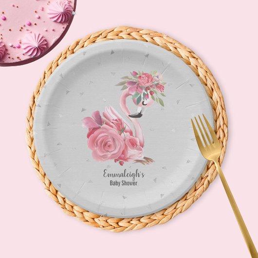 シルバーウォーターカラーバレリーナフラミンゴベビーシャワー ペーパープレート