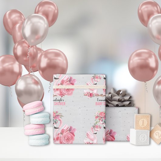 シルバーウォーターカラーフラミンゴバレリーナベビーシャワー ラッピングペーパー