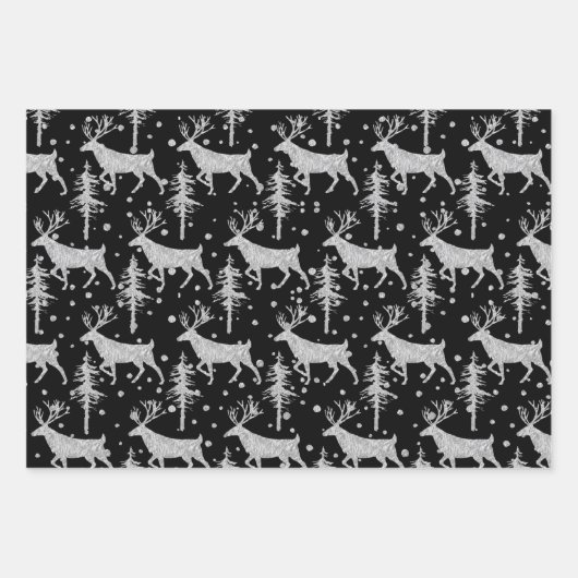 シルバーウッドランドスタグスプルース木の森の雪ブラック ラッピングペーパーシート (正面3)