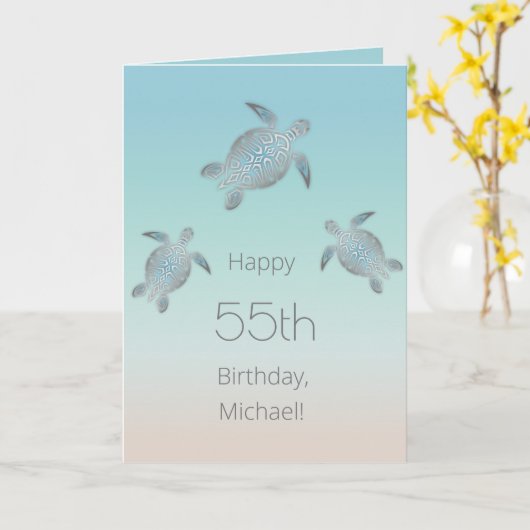 シルバーウミガメの名前と日付の追加誕生日 カード (黄色い花)