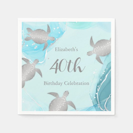 シルバーウミガメ青インク |カスタム誕生日 スタンダードカクテルナプキン (正面)