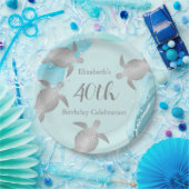 シルバーウミガメ青インク |カスタム誕生日 ペーパープレート (パーティー)